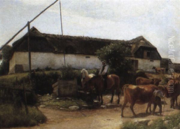 A Farm Yard Oil Painting by Hans Ole Brasen