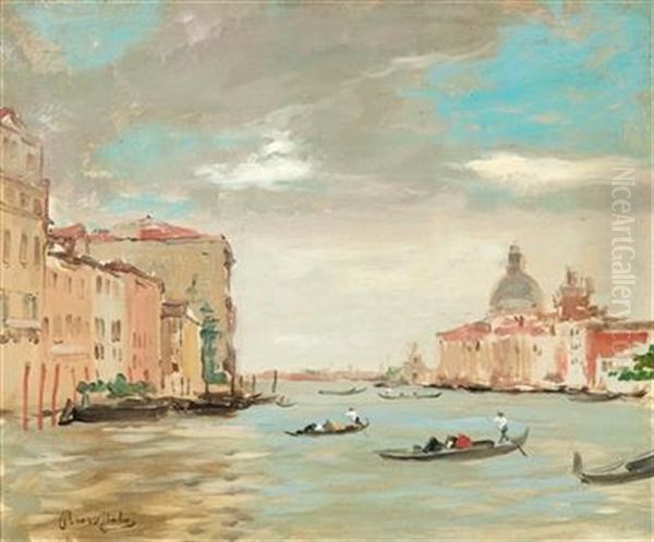 Gondolas On The Grand Canal With A View Of Santa Maria Della Salute Oil Painting by Italico Brass