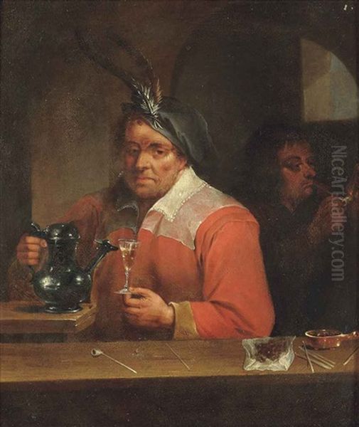 A Tavern Interior With A Man Holding A Wine Glass, And Another Smoking A Pipe Oil Painting by Melchior Brassauw