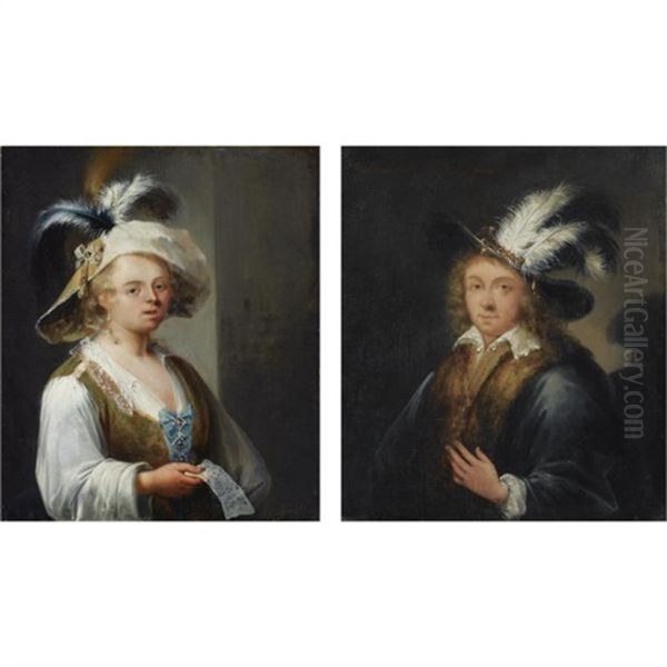 Portrait Of A Lady, Wearing A Pastoral Dress With A Wide-brimmed Feathered Hat (+ Portrait Of A Gentleman, Wearing A Fur-trimmed Black Coat; Pair) Oil Painting by Melchior Brassauw