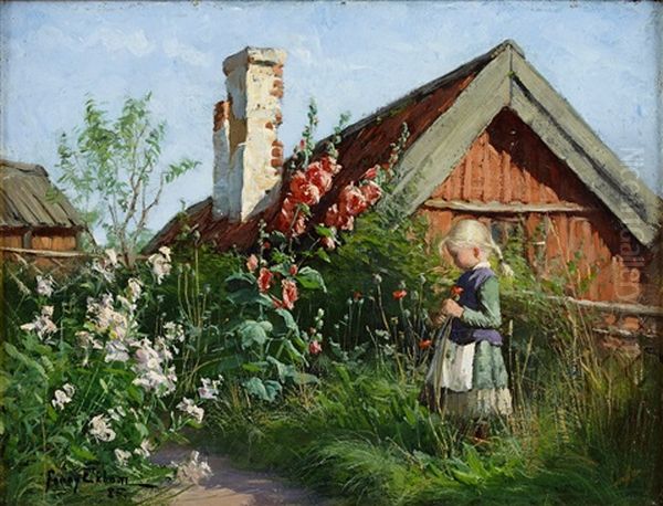 Flicka I Blommande Tradgard Med Stockrosor Och Vallmo Oil Painting by Fanny Ingeborg Matilda Brate