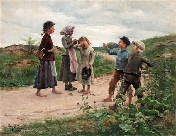 Teasing Children Oil Painting by Fanny Ingeborg Matilda Brate