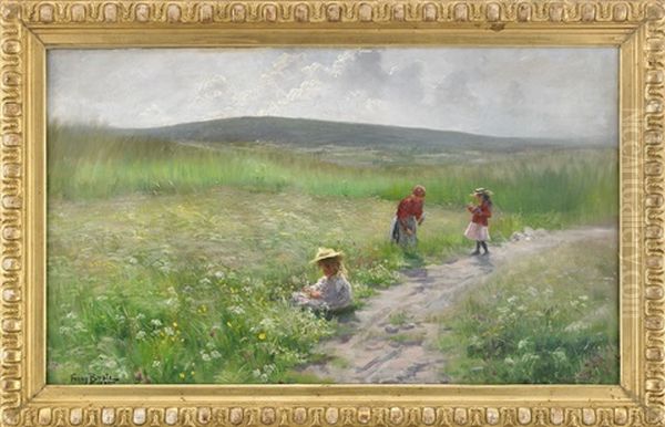 Sommarang - Tre Flickor Som Plockar Blommor Oil Painting by Fanny Ingeborg Matilda Brate