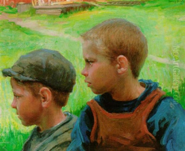 The Young Farmhands Oil Painting by Fanny Ingeborg Matilda Brate