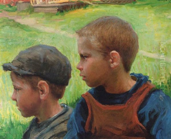 The Young Farmhands Oil Painting by Fanny Ingeborg Matilda Brate