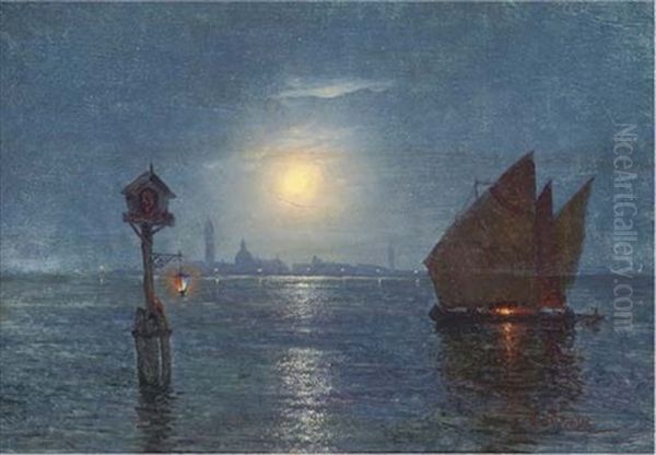 On The Venetian Lagoon Under Moonlight Oil Painting by Roman Bratkowski