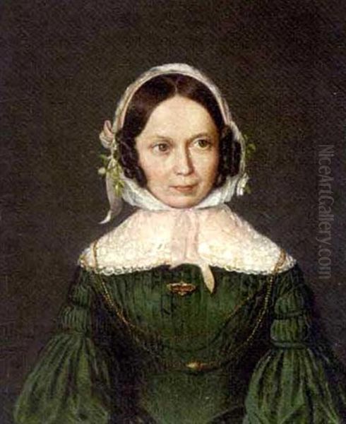 Portrait Of A Lady In A Green Dress With A Lace Collar And White Bonnet Oil Painting by Karl Braeuer