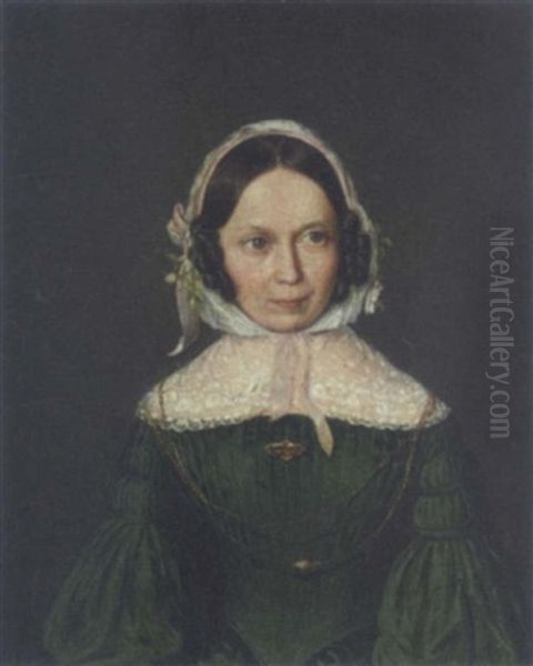 Portrait Of A Lady, In A Green Dress With A Lace Collar And White Bonnet Oil Painting by Karl Braeuer