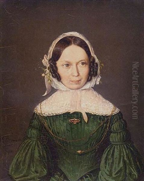 Portrait Of A Lady In A Green Dress, Lace Collar And Bonnet Oil Painting by Karl Braeuer