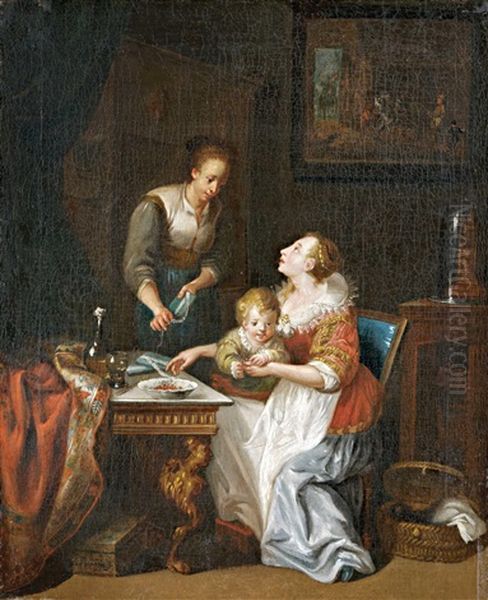 Mother And Child With Maid Oil Painting by Adam Johann Braun