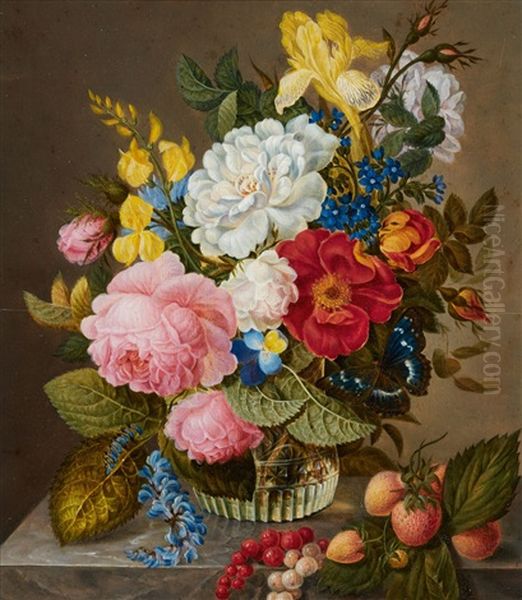 Roses, Iris, Forget-me-nots, Tufted Pansy And Other Flowers In A Glass Vase Oil Painting by Adelheid Friedericke Braun