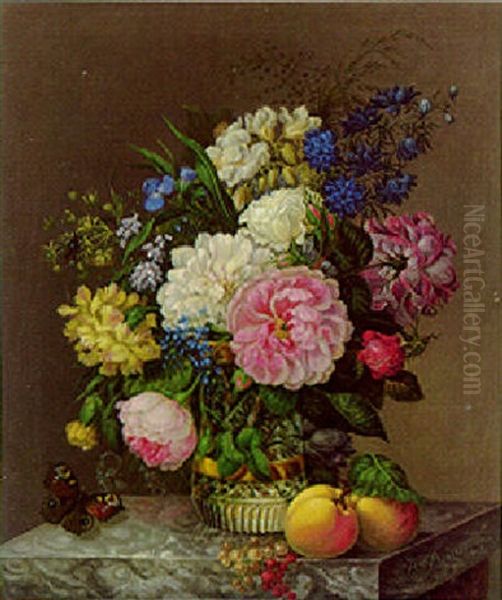 Peonies, Cornflowers And Other Flowers In A Glass Vase With Peaches, Currants And A Butterfly On A Marble Ledge Oil Painting by Adelheid Friedericke Braun