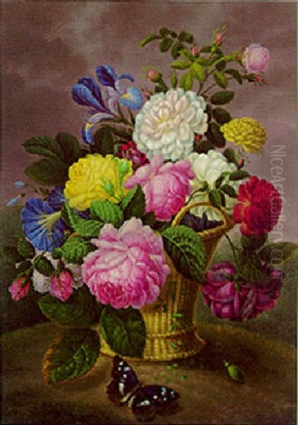 Roses, Irises And Other Flowers In A Basket Oil Painting by Adelheid Friedericke Braun