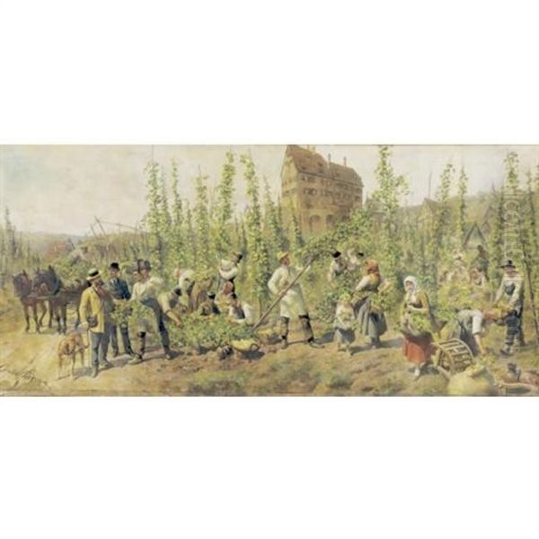 Hop Pickers Oil Painting by Louis (Ludwig) Braun