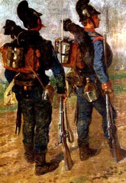 Zwei Soldaten Mit Tornister, Feldgeschirr Und Gewehr Auf Dem Marsch Oil Painting by Louis (Ludwig) Braun