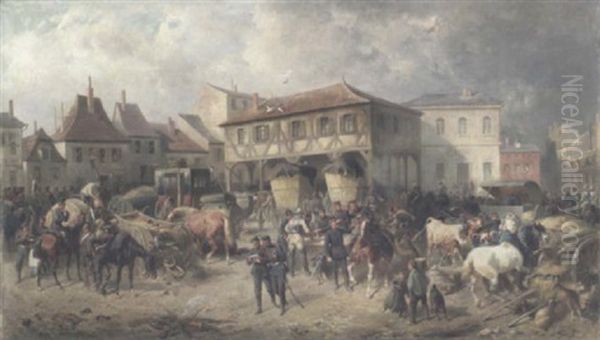 Feldpostexpedition Auf Dem Marktplatz Von Vouzier (auf Dem Marsch Nach Sedan) Oil Painting by Louis (Ludwig) Braun