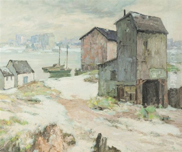 Snow Along The River, Structures And Boats Near A River Oil Painting by Maurice Braun