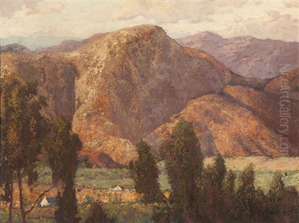 Mountains, Houses Nestled In A California Valley Oil Painting by Maurice Braun