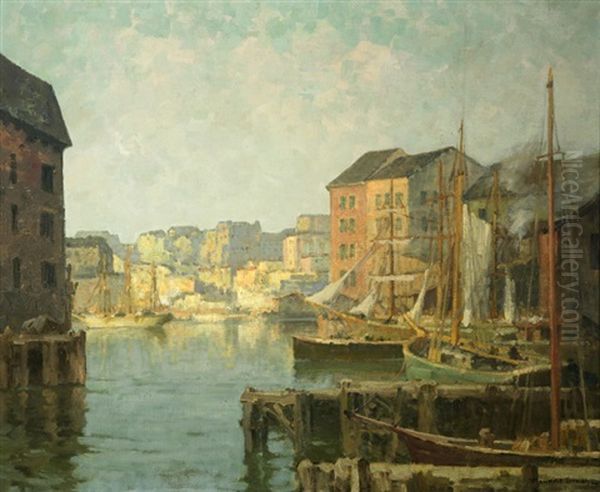 Docking, European Harbor And Village Oil Painting by Maurice Braun