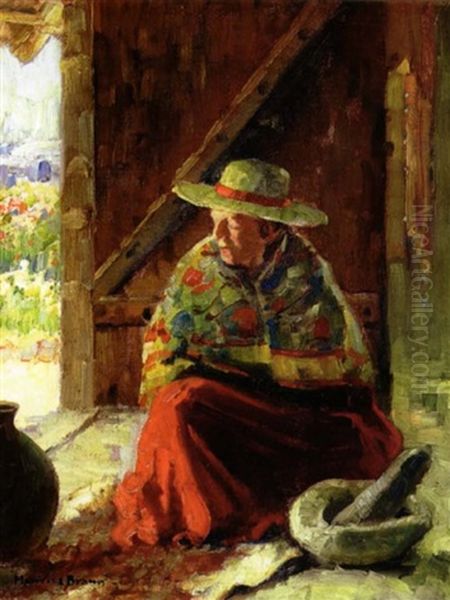 A Woman In A Red Skirt And A Colorful Shawl With A Mortar And Pestle Oil Painting by Maurice Braun