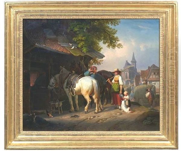 Bauern Im Gesprach Vor Einer Schmiede. Im Hintergrund Blick Auf Ein Kirchdorf Oil Painting by Reinhold Braun