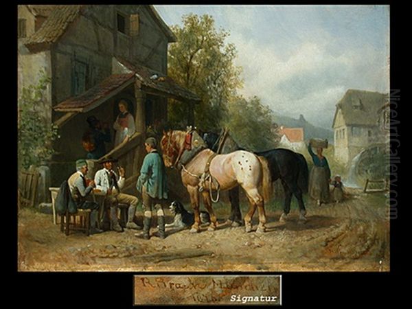 Pferde Vor Dem Wirtshaus Oil Painting by Reinhold Braun