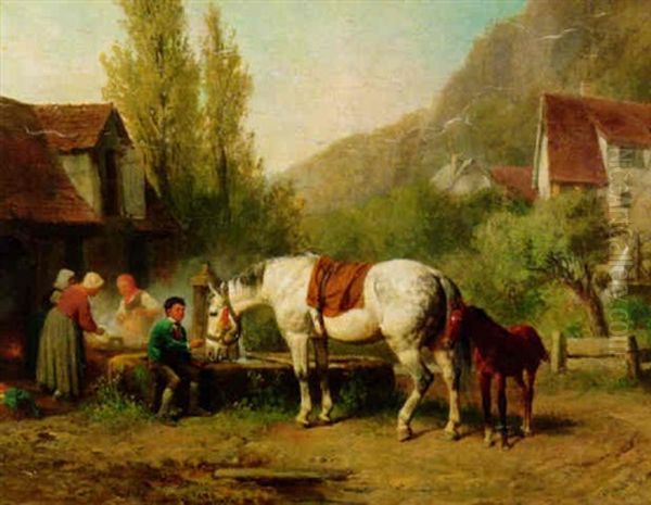 Stute Mit Ihrem Fohlen An Der Tranke Neben Dem Dorfwaschhaus Oil Painting by Reinhold Braun