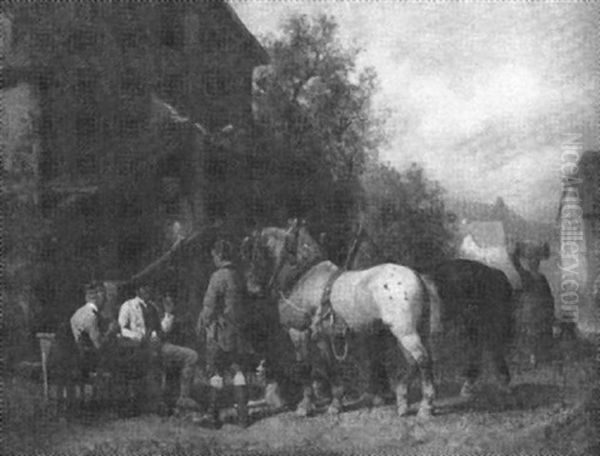 Vor Dem Schwabischen Gasthaus Treffen Sich Handler Und Bauern Oil Painting by Reinhold Braun