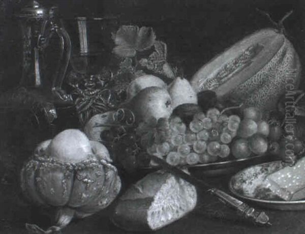 Stilleben Mit Fruchten, Brot, K,se, Glas Und Karaffe Oil Painting by Rudolf Braun