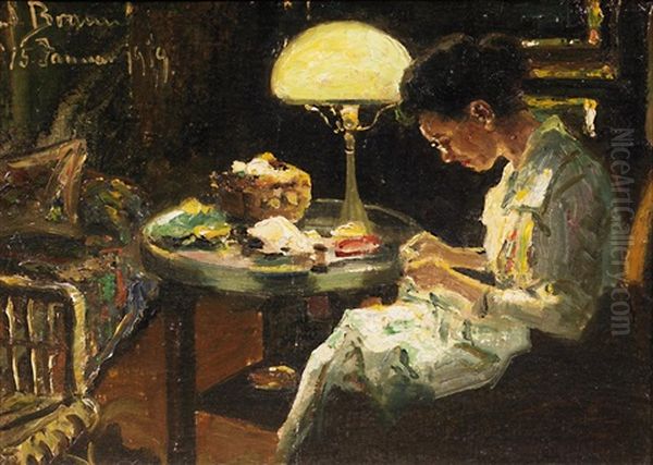 Bei Der Hausarbeit Im Lampenschein Oil Painting by Rudolph Braun