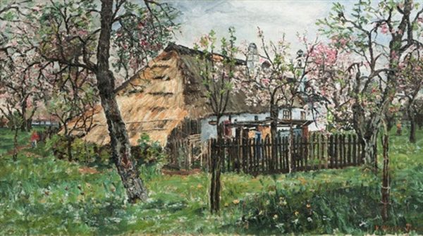 Blossoming Trees In A Garden Oil Painting by Wilhelm Hans Braun