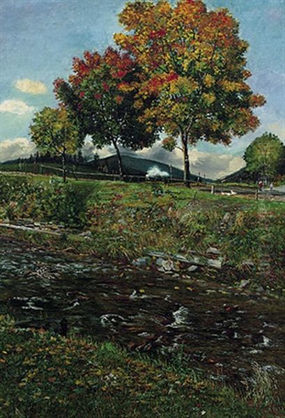 Herbstliche Landschaft Im Wienerwald Mit Kleinem Bachlauf Und Dampflokomotive Oil Painting by Wilhelm Hans Braun