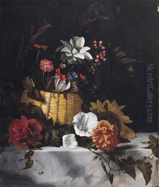 A Basket Of Flowers On A Marble Ledge Oil Painting by Dirk de Bray