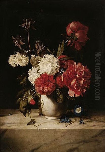 Still Life Of Peonies, Columbine, Morning Glory And Other Flowers In A Vase Upon A Marble Ledge With A Bee And A Ladybird Oil Painting by Dirk de Bray