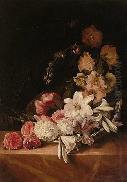 A Basket Of Summer Flowers Including Roses, Lilies, Hollyhocks And Irises On A Pink Marble Ledge Oil Painting by Dirk de Bray