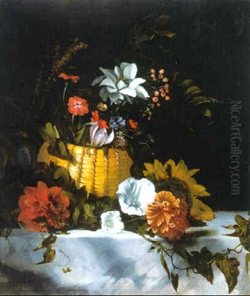 A Basket Of Flowers On A Marble Ledge Oil Painting by Dirk de Bray