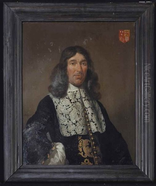 Portrait Of Bartholomeus De Kies Van Wissen (1614-1679), Half-length, With Arms Akimbo, In A Gold Embroidered Black Costume, A White Chemise And An Elaborate Lace Collar by Jan De Bray