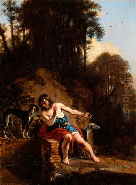 Junger Mann Mit Zwei Hunden In Einer Landschaft (aktaion?) Oil Painting by Jan De Bray