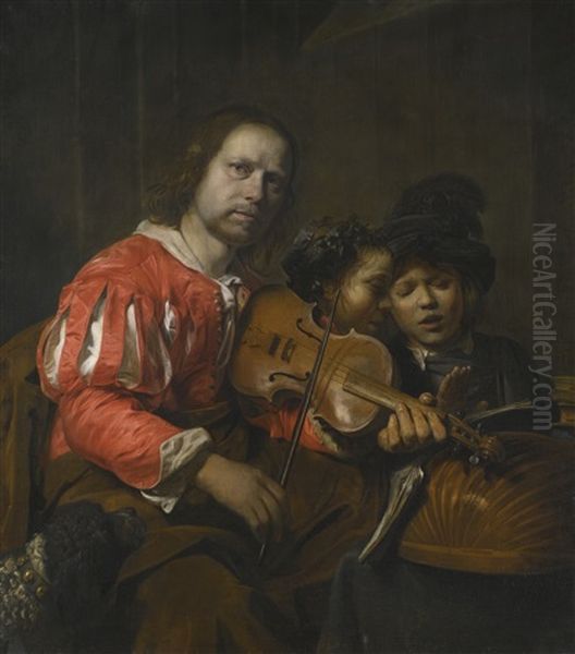 A Violin Player Accompanying Two Young Singers Oil Painting by Jan De Bray