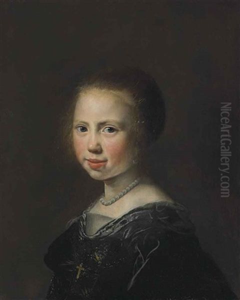 Portrait Of A Girl, Bust-length, In A Black Dress And Pearl Necklace Oil Painting by Jan De Bray