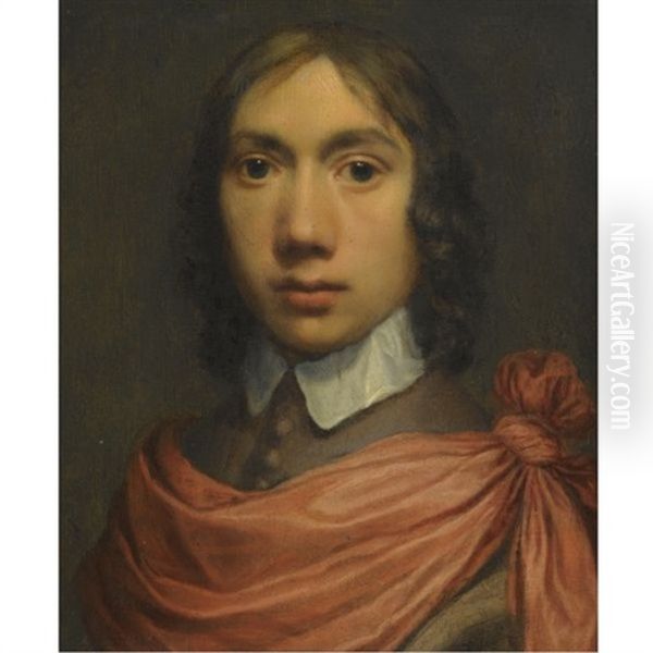 Portrait Of A Young Man, Head And Shoulders In A Brown Coat With A White Collar And A Red Sash Oil Painting by Jan De Bray