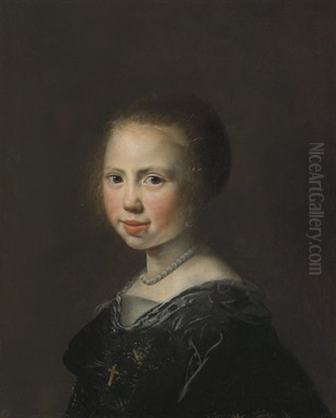 Portrait Of A Young Girl, Bust-length, In A Black Dress And Pearl Necklace Oil Painting by Jan De Bray