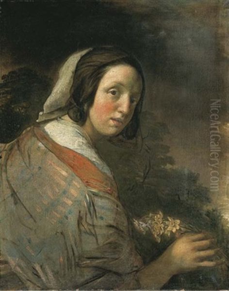 Portrait Of A Young Woman, Half-length, Holding A Posy Of Narcissi In Her Right Hand Oil Painting by Jan De Bray