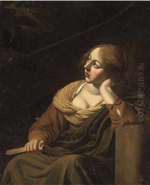 A Girl Looking Up In Adoration (the Annunciation?) Oil Painting by Jan De Bray