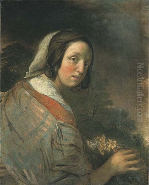 Portrait Of A Young Woman, Half-length, Holding A Posy Of Narcissi In Her Right Hand by Jan De Bray