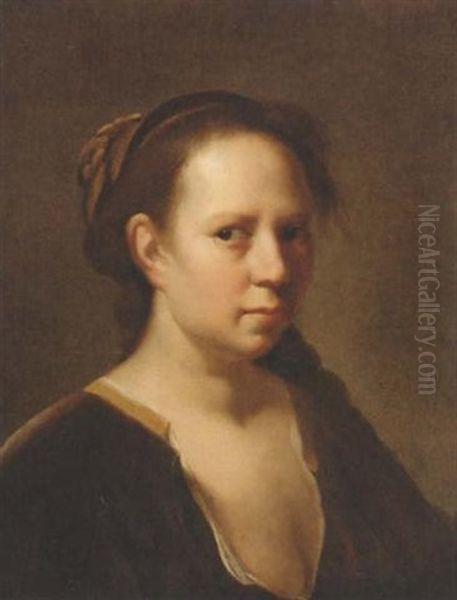 Portrait Of A Girl In A Brown Velvet Dress Oil Painting by Jan De Bray