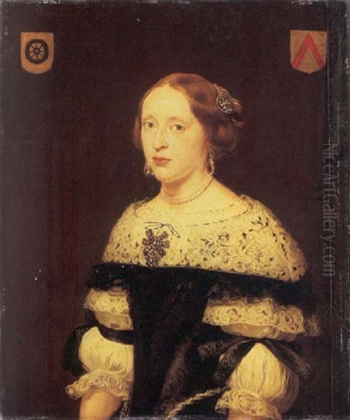 Portrait Of Gudula De Kies Van Wissen, Nee Van Der Wielen, Aged 21, In A Black Dress With A Lace Collar And White Sleeves Oil Painting by Jan De Bray