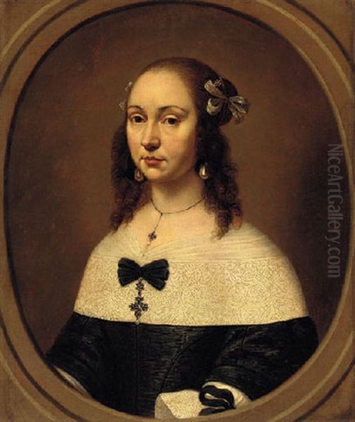 Portrait Of A Lady In A Black Dress And A White Lace Collar Oil Painting by Jan De Bray