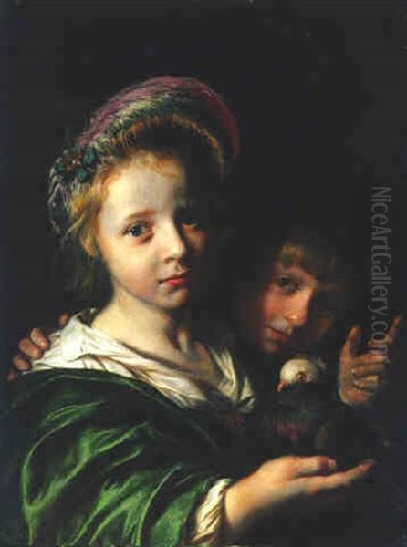 A Girl Holding A Pigeon And A Boy Gesturing by Jan De Bray