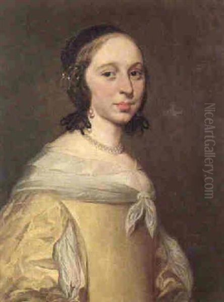 Portrait Of A Lady Wearing A Yellow Dress And A Pearl Necklace Oil Painting by Jan De Bray